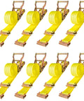 Heavy Duty Ratchet Straps 8 Pack 2 Inches By 15 Feet Featuring Bulletproof 4500 Pound Breaking Strength For Secure Cargo Tie Downs On Hotshot Trucks stacked in yellow polyester.