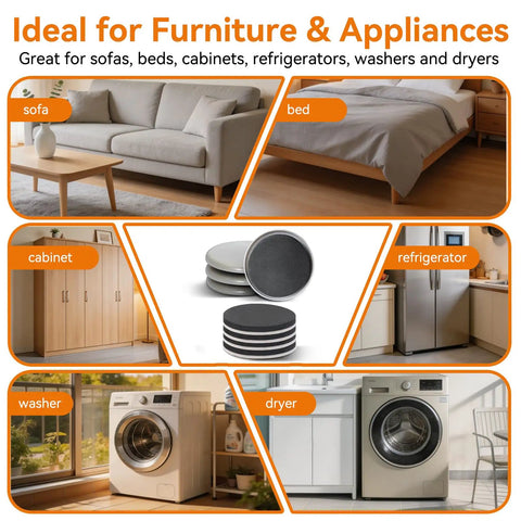 Visible heavy duty furniture sliders with lever lift tool, ideal for couches, beds, cabinets, and appliances.