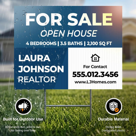 Totally Customizable 24x18 Yard Sign With Metal H Stakes, Double Sided Full Color Print Outdoor Corrugated Plastic For Business