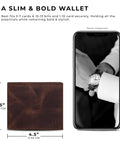 Dimensions of Slim Leather Wallet For Men With RFID Blocking, Minimalist Front Pocket Bifold alongside smartphone for size comparison.