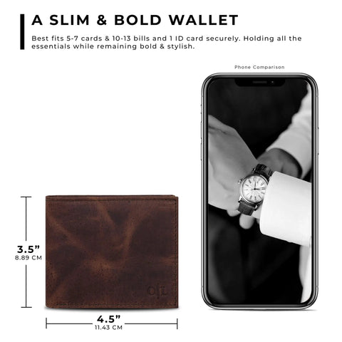 Dimensions of Slim Leather Wallet For Men With RFID Blocking, Minimalist Front Pocket Bifold alongside smartphone for size comparison.