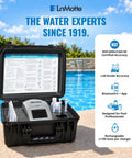 Haul This All In One Mobile Waterlink SpinTouch Photometer Lab Kit in waterproof case next to a pool, with syringes and calibration disk.