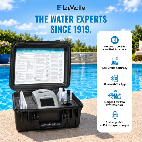 Haul This All In One Mobile Waterlink SpinTouch Photometer Lab Kit in waterproof case next to a pool, with syringes and calibration disk.