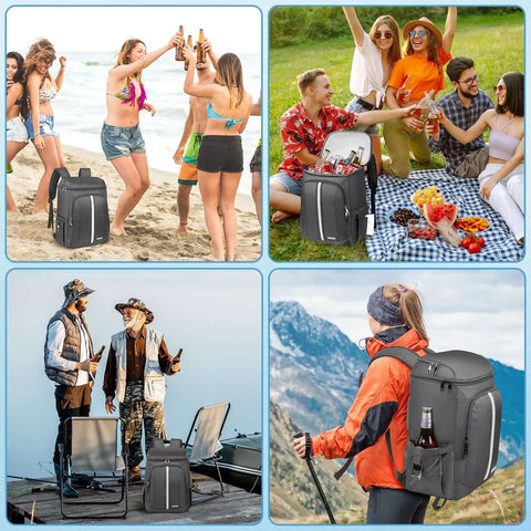 Insulated Cooler Backpack With Leakproof Double Deck Design For Work Lunches Keeps Your Grub Hot Or Cold For Up To 20 Hours Reflective Stripes Grey Great For On The Go Meals And Cold Packs surrounded by people at beach, picnic, fishing, hiking