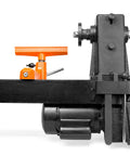 Benchtop wood lathe with orange tool rest and black housing, 12-inch by 18-inch capacity.
