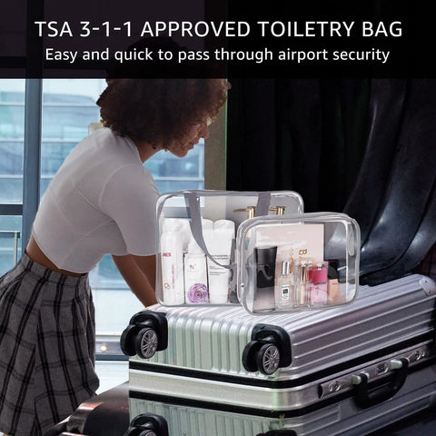 Three Pack Clear PVC Travel Toiletry Bags Set For Women And Men Waterproof See Through Organizer Pouches displayed on luggage.