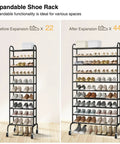 Expandable 10 Tier Metal Shoe Rack Tall Free Standing Organizer For Entryway Or Garage Go To Space Saver Adjustable From 17.7 To 33 Inches Holds Up To 44 Pairs Under Shelf Storage Black showing before and after expansion views.