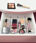 Clear Drawer Organizer Set Four Piece Modular Bins For Office Home Makeup Kitchen And Junk Drawer Storage Crystal Clear Plastic Durable And Stackable For Easy Access Boss Level Neat Drawers used for makeup storage in a drawer.