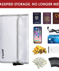 Fireproof Document Bag 11x7 Waterproof Multi Layer Money Safe with Zippers shown with passports, cash, phone, and gold bars.
