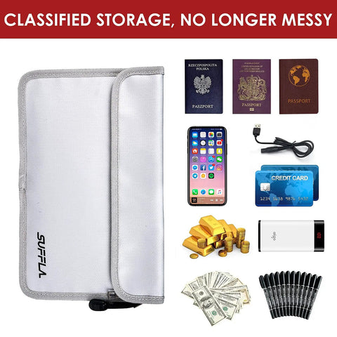 Fireproof Document Bag 11x7 Waterproof Multi Layer Money Safe with Zippers shown with passports, cash, phone, and gold bars.