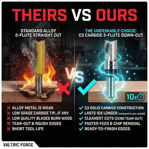 Comparison of standard 2-flute straight cut and C3 carbide 3-flute down-cut router bits, highlighting features and benefits.