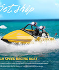 Yellow High Speed RC Jet Boat With 2.4GHz Remote Control, LED Lights, racing on water, showcasing top speed of 16kmh.