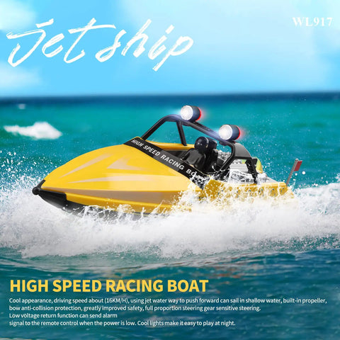 Yellow High Speed RC Jet Boat With 2.4GHz Remote Control, LED Lights, racing on water, showcasing top speed of 16kmh.