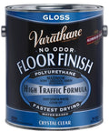 Gallon can of Varathane No Odor Gloss Floor Finish, High Traffic Formula, polyurethane, water-based, crystal clear for hardwood floors.
