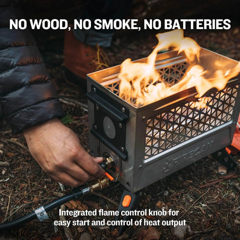 Elite Portable Propane Fire Pit Kit Delivers 55K BTU Of Heat Lightweight CSA Compliant For Backyard Camp Beach And Tailgate Use With Easy Grab And Go Setup, showing integrated flame control knob in use
