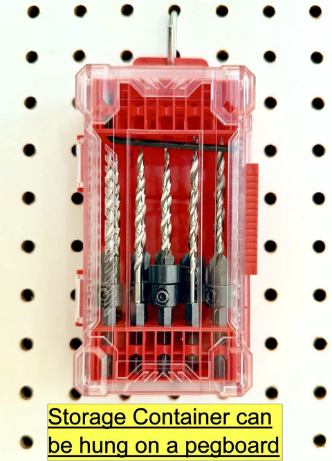 Woodworking Countersink Drill Bit Set With Depth Adjustable 5 Piece Replacement Tapered Bits For Wood Sizes Four Six Eight Ten Twelve In Durable Storage Case Pro Grade By FTG USA hung on pegboard