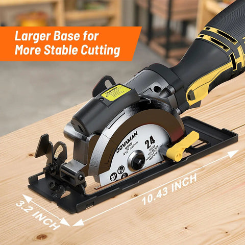 5.5 Inch Mini Circular Saw With Laser Guide And Auxiliary Handle 6.5 Amp Copper Motor showing larger base for stable cutting.