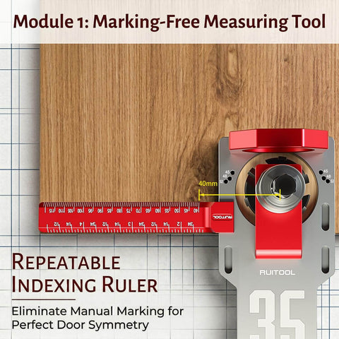 Close-up of 35mm Concealed Hinge Jig System for Cabinets with indexing ruler and wood panel for precise drilling.