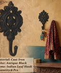 Six Pack Rock Solid Cast Iron Wall Hooks With Rustic Indian Leaf Design Heavy Duty Matte Black Finish displaying keys and a scarf.