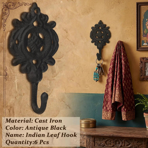 Six Pack Rock Solid Cast Iron Wall Hooks With Rustic Indian Leaf Design Heavy Duty Matte Black Finish displaying keys and a scarf.