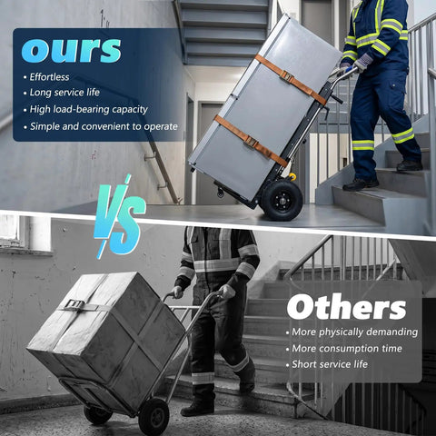 Sturdy Electric Stair Climbing Dolly With A Beefy 1500 Watt Motor Making No Sweat Moves On Steps For Quick Transport Of Appliances And Heavy Couches In Black, comparison image showing easy use vs manual effort.