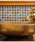 Top Shelf Round Ceramic Vessel Sink For Bathroom Counter Slick Gold Glossy Finish Countertop Wash Basin With Scratch Resistant Glazed Surface For Vanity Cabinet And Fresh Spa Vibes 41 Cm in stylish setting with faucet.