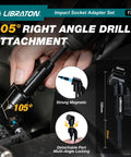 All In One 17 Piece Impact Socket Adapter Set For One Quarter Inch, Three Eighths Inch, And One Half Inch Square Drive With Quick Release Bit Holders And 360 Degree Swivel Adapters Pro Grade Heavy Duty Drill Accessory Kit 105° right angle drill attachment