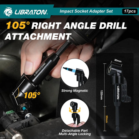All In One 17 Piece Impact Socket Adapter Set For One Quarter Inch, Three Eighths Inch, And One Half Inch Square Drive With Quick Release Bit Holders And 360 Degree Swivel Adapters Pro Grade Heavy Duty Drill Accessory Kit 105° right angle drill attachment