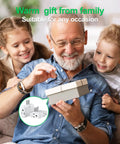 Smiling grandfather with two children opening a gift featuring a Swivel Wall Adapter Converts Two Prong To Three Prong With Polarized Grounding And Flat Straight Plug Design.