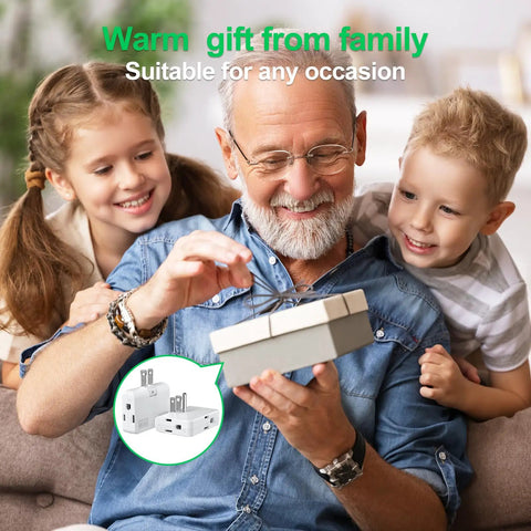 Smiling grandfather with two children opening a gift featuring a Swivel Wall Adapter Converts Two Prong To Three Prong With Polarized Grounding And Flat Straight Plug Design.