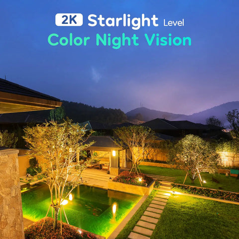 Outdoor Security Camera 2K HD With 360 Degree Coverage And 4 Spotlight LEDs, showcasing color night vision in a backyard setup.