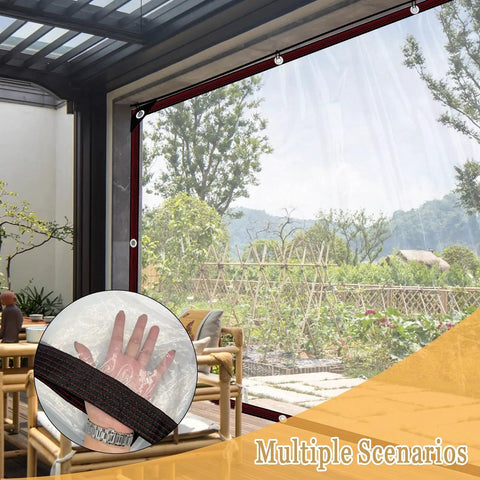 Clear Heavy Duty Tarp 8x10 Ft Waterproof With Grommets For Greenhouse covering patio with garden view.