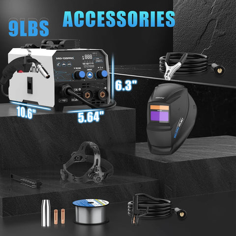 135 Amp Flux Core MIG Welder With Auto Darkening Helmet, 110V Three In One Welder Machine, portable size with accessories