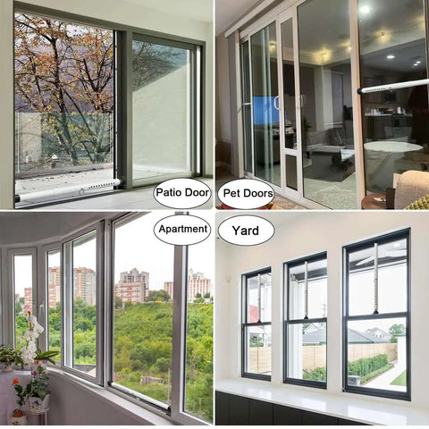 Adjustable Sliding Door Security Bar 17.5 To 50 Inches in various door and window settings, ideal for patio, pet doors, apartment, yard use.