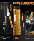 Gold rechargeable ultra bright LED flashlight with beast mode, showing size, anti-fall feature, USB-C input, and packaging.