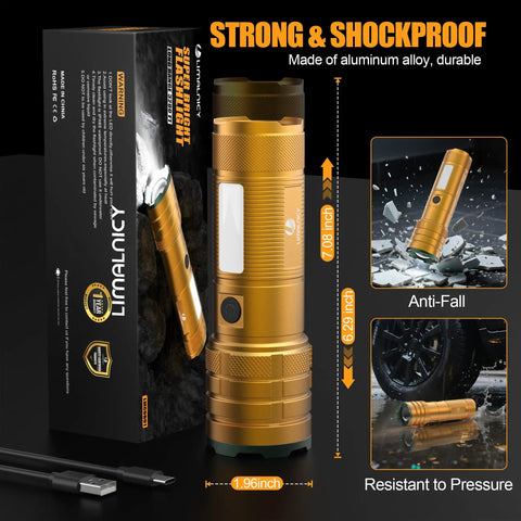 Gold rechargeable ultra bright LED flashlight with beast mode, showing size, anti-fall feature, USB-C input, and packaging.