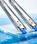 Heavy Duty Ball Bearing Drawer Slides Full Extension Steel Runners With Rubber Guard, displaying shiny steel tracks with blue handles.