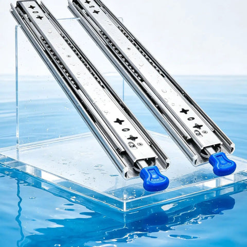 Heavy Duty Ball Bearing Drawer Slides Full Extension Steel Runners With Rubber Guard, displaying shiny steel tracks with blue handles.