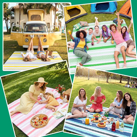 Waterproof Beach Blanket For Picnics And Camping Extra Large Sandproof Outdoor Rug with picnics, people relaxing, folded tents