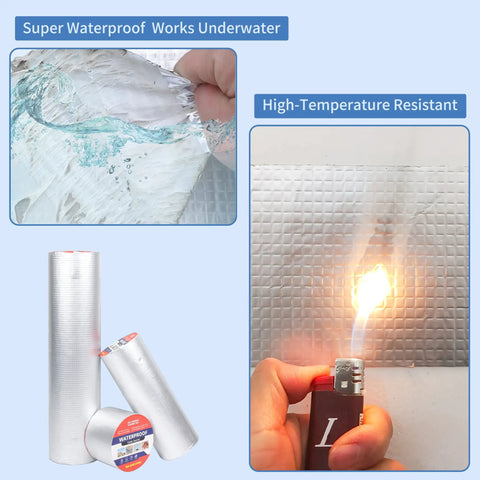 Heavy Duty Butyl Waterproof Tape 20 Inch By 32.8 Feet Aluminum Foil Backed Seal Strip in rolls and underwater, flame resistance test.