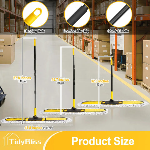 Pro Level Heavy Duty 36 Inch Commercial Dust Mop With Adjustable Telescoping Handle Industrial Janitor Broom dimensions displayed in warehouse.