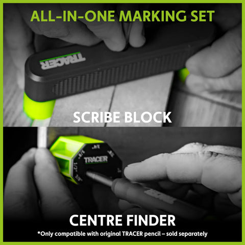 Precision Scribe Block And Center Finder Marking Guide Set For Woodworking Layouts And Joinery Work in use on wood.