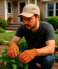 Man using Badass Heat Resistant Work Gloves, High Visibility Orange Cotton And Polyester Blend for gardening.