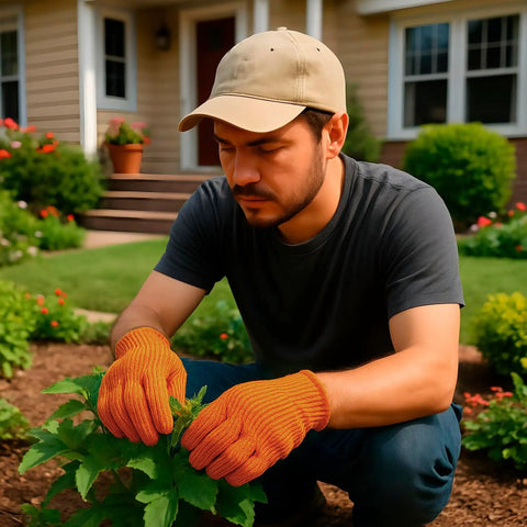 Man using Badass Heat Resistant Work Gloves, High Visibility Orange Cotton And Polyester Blend for gardening.