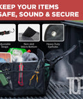 XL Beefed Up Trunk Organizer for SUV and Truck with six adjustable compartments in use, black with non-slip base and secure straps