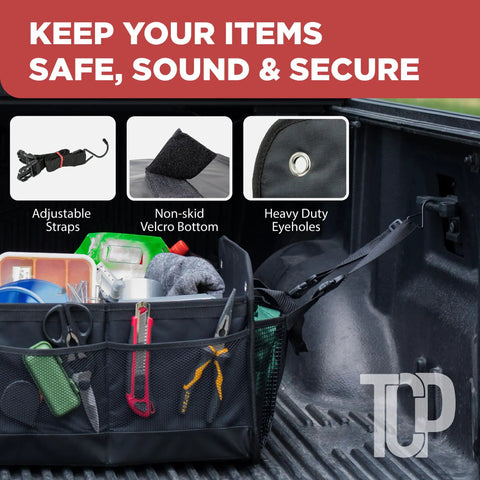 XL Beefed Up Trunk Organizer for SUV and Truck with six adjustable compartments in use, black with non-slip base and secure straps
