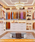 L Shaped Corner Closet System With Nine Roomy Drawers And Spacious Open Shelves Freestanding Modular Wardrobe Organizer Loaded With Heavy Duty Hanging Rods For Walk In Closet Setup White with organized clothing and accessories.