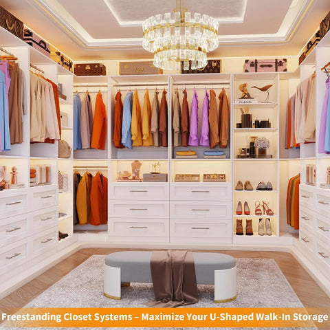 L Shaped Corner Closet System With Nine Roomy Drawers And Spacious Open Shelves Freestanding Modular Wardrobe Organizer Loaded With Heavy Duty Hanging Rods For Walk In Closet Setup White with organized clothing and accessories.