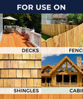 Image showing various applications for Water Based Wood Stain And Sealer In One: decks, fences, shingles, and cabins.