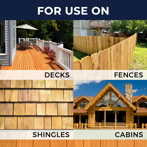 Image showing various applications for Water Based Wood Stain And Sealer In One: decks, fences, shingles, and cabins.